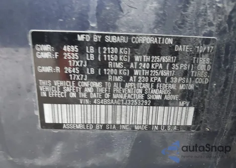 2018 Subaru Outback 2.5I from USA, damaged, VIN 4S4BSAAC1J3253292
